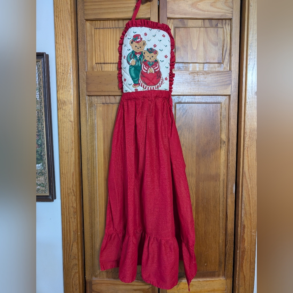 Vintage Gourmet Gallery Quilted Teddy Bear Christmas Full Bib Apron Country Farm